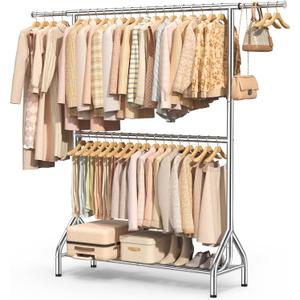 EAGMAK Double Rod Clothing Rack Load 622 LBS, Heavy Duty Clothes Rack for Hanging Clothes, 82.68 inch High Garment Rack with Storage Shelves, Metal Clothing Hanger Closet Wardrobe Organizer (Silver)