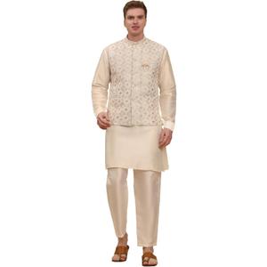 Pro-Ethic Style Developer Mens Indian Traditional Silk Kurta Set With Jacket For Men Floral Design (C-112) Cream, X Large