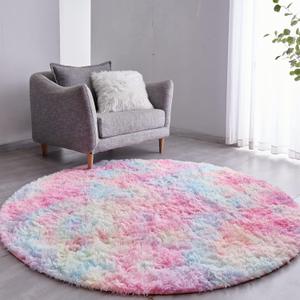 FJZFING Rainbow Round Rug Ultra-Soft Plush Modern 6x6 Circle Area Rug for Kid's Bedroom, Fluffy Shag Circular Rug for Nursery Room, Non-Slip Home Decor Colorful Carpet for Teen's Room