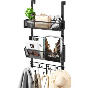 HapiRm Over The Door Hooks with 9 Hooks and 2 Baskets, Rustproof & Waterproof 304 Stainless Steel Door Hanger, Storage Organizer for Bathroom, Kitchen, Bedroom-Black (for 1.57in Doors)
