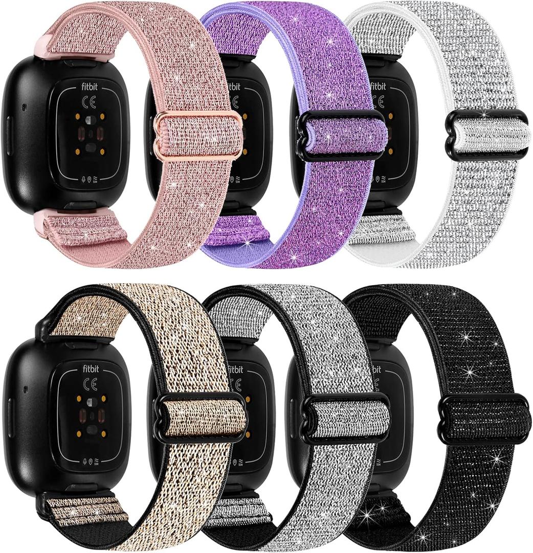 6 Packs Elastic Nylon Bands Compatible with Fitbit Versa 4 / Fitbit Sense 2 / Fitbit Versa 3 / Fitbit Sense, Adjustable Nylon Replacement Straps Wristband for Fitbit Versa 3/4 for Women Men (Pink+Purple+White+Silver+Gold+Black)