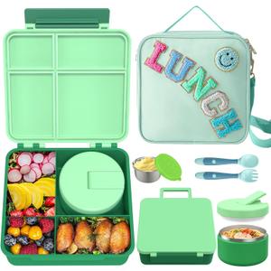 Kids Bento Lunch Box with 8oz Soup Thermo, Kids Leakproof Lunch Food Containers with 4 Compartment,Insulated Hot Food Jar with Lunch Bag for School, Travel (Green)