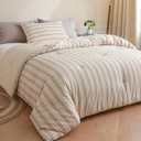 Cyusri Cotton Stripe King Comforter Set - Soft Lightweight Bedding 3 Pieces Dyed Bed Set with 2 Pillow Shams,Reversible All Season Farmhouse Down Alternative(King Size 104"x90" Beige)