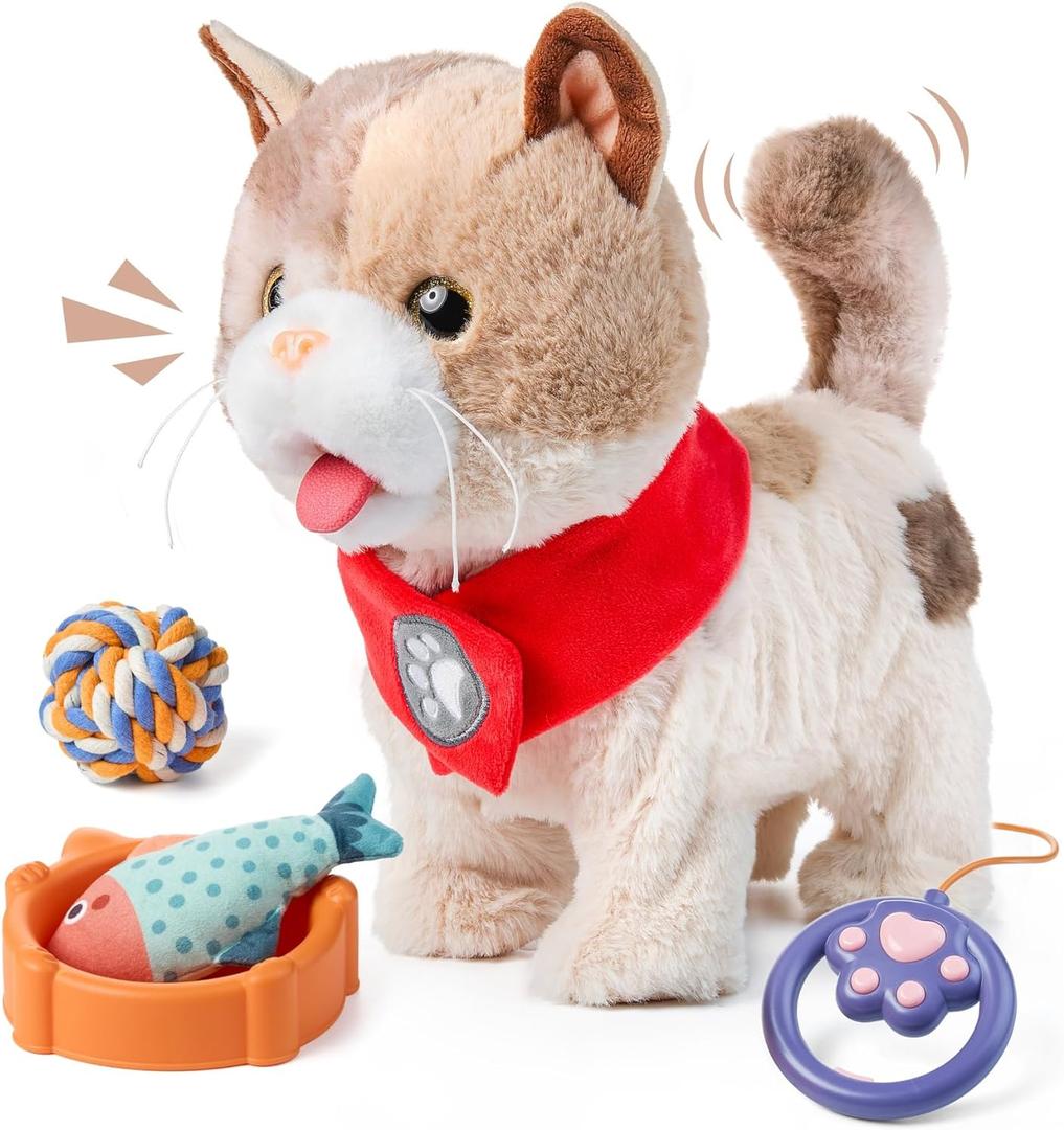 TUMAMA Toy Cat for Kids, Cute and Realistic Kitty Toy That Walks, Meows, Tongues Out and Wags Tail, Interactive Electronic Cat Plush Toy with Leash, Best Gift for Boys and Girls Ages
