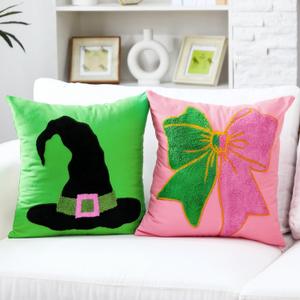 2 Pcs Pink and Green Pillow Covers Witch Embroidered Pillow Hat and Bow for Cute Birthday Gift Party Decorations (Wicked)