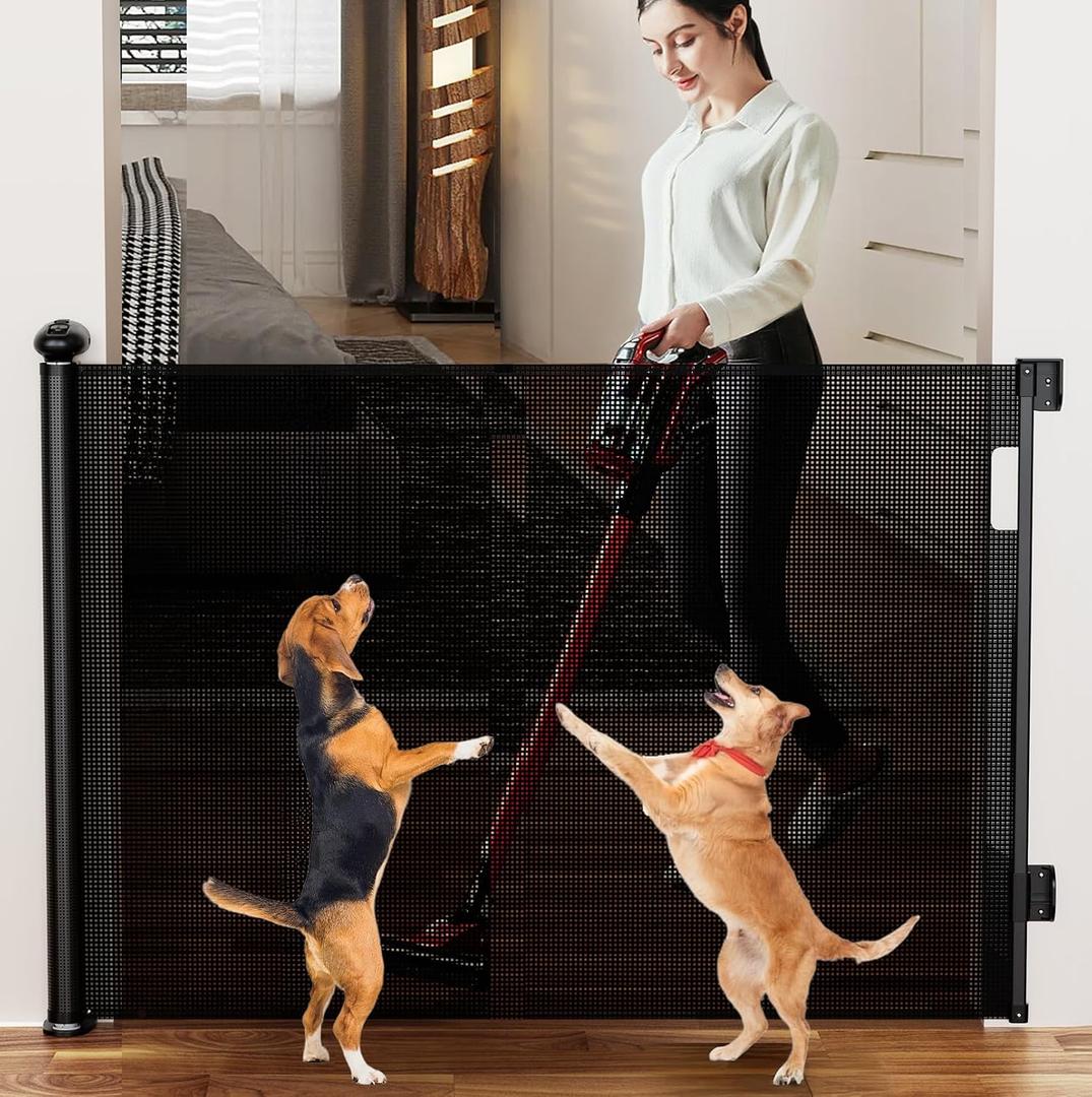 55 Inch Wide Retractable Baby Gate for Stairs, 42 Tall Dog Gate Extra Wide with Child Lock, Length-Adjustable Indoor Mesh Gates Suitable for Stairs, Rooms and Kitchen
