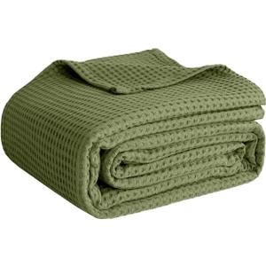 100% Cotton Blankets for Bed - Waffle Weave Blankets for Summer, Lightweight and Breathable Soft Woven Blanket for Spring (Olive Green, Queen (90" x 90"))