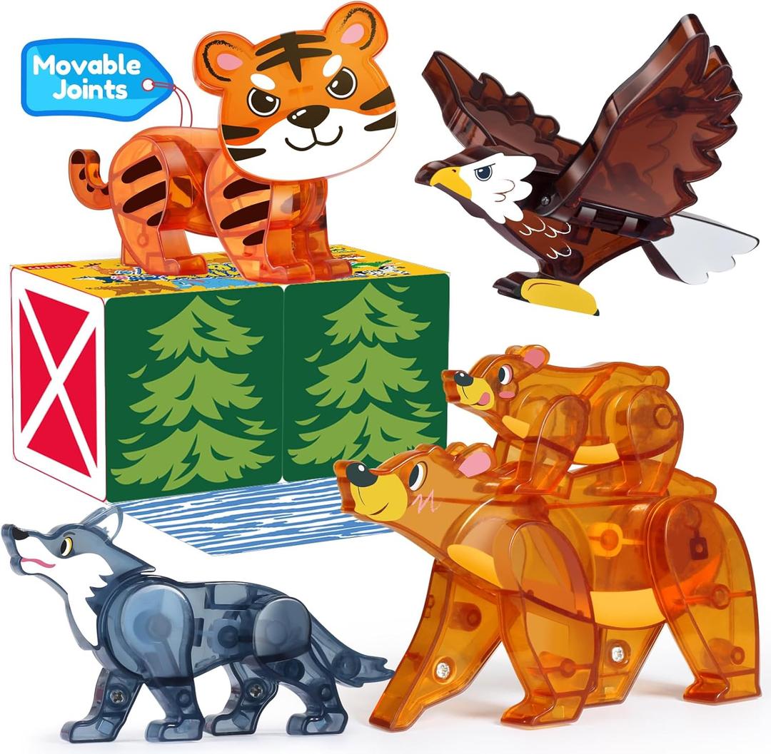 Oriate Magnet Wild Animals for Magnetic Tiles, 5pcs Movable Joints Zoo Animals for Magnetic Blocks, Animal Toys Compatible with Magnetiles, Educational Magnetic Building Tiles for Kids magnitiles