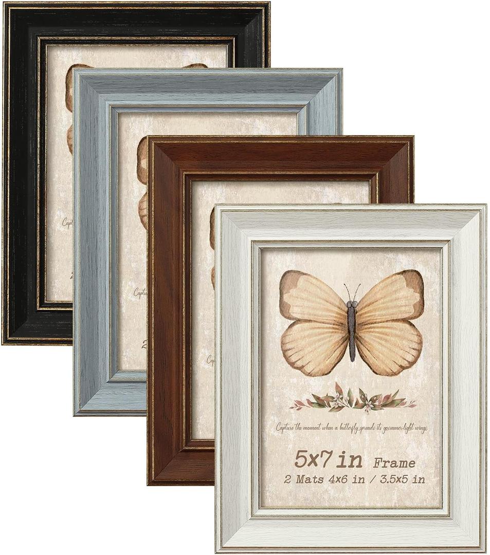 5x7 Picture Frame Set of 4 with 2 Mats, Rustic Farmhouse Photo Frame with Tempered Glass, Distressed Vintage Frame 3.5x5 & 4x6 with Mat or 5x7 without Mat for Wall or Tabletop Display Home Office Gift