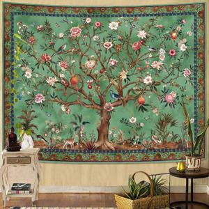 Faxdong Boho Tree of LIfe Tapestry, Vintage Flower Leaves Birds Plant Animal Pattern Tapestries, Retro Indian Bohemian Aesthetic Wall Hanging Green 4460 inch