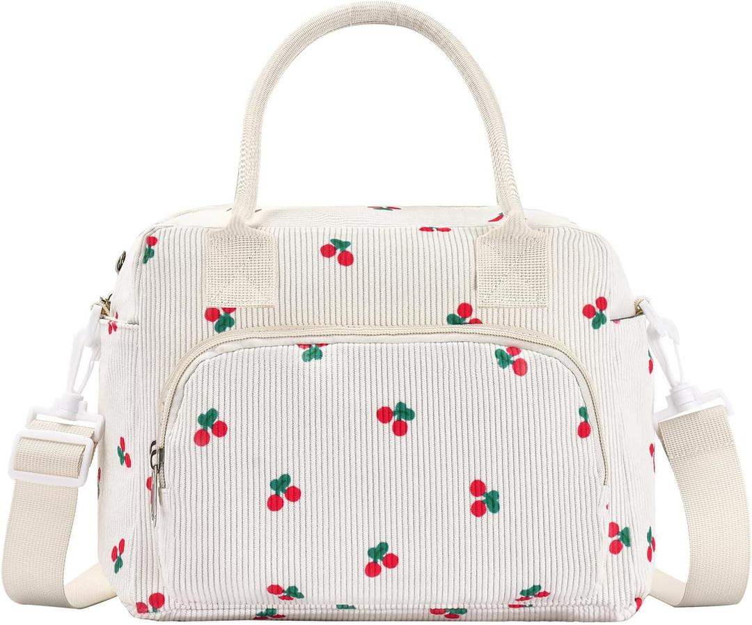 Lunch Bag Women Lunch Box for Women Adult Cute Insulated Lunch Bag Lager Cooler Lunch Tote Bags for Work Picnic (Beige-Cherry)