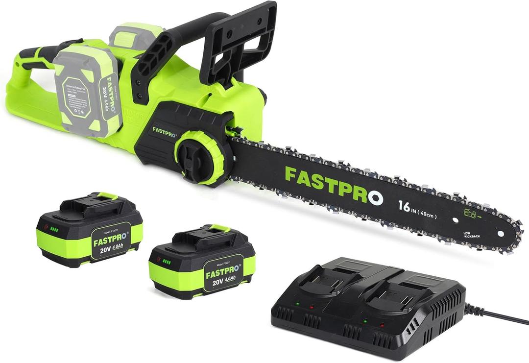 FASTPRO 40V 16-inch Cordless Chainsaw, Brushless Chain Saw Kit with 2 Batteries (4.0Ah) and Charger Base, For Wood Cutting & Trimming