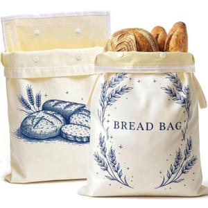 Removable Beeswax Bread Bags for Homemade Bread & Sourdough, 2 Pack Reusable Cotton Beeswax Lined Bags with Detachable Snap-On Liner, Breathable Storage, Care Guide Included