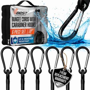 Extra Long Bungee Cords with Carabiner Hooks - Large Heavy Duty Outdoor Black Bungie Straps Set of 6 Pieces 72 Inch