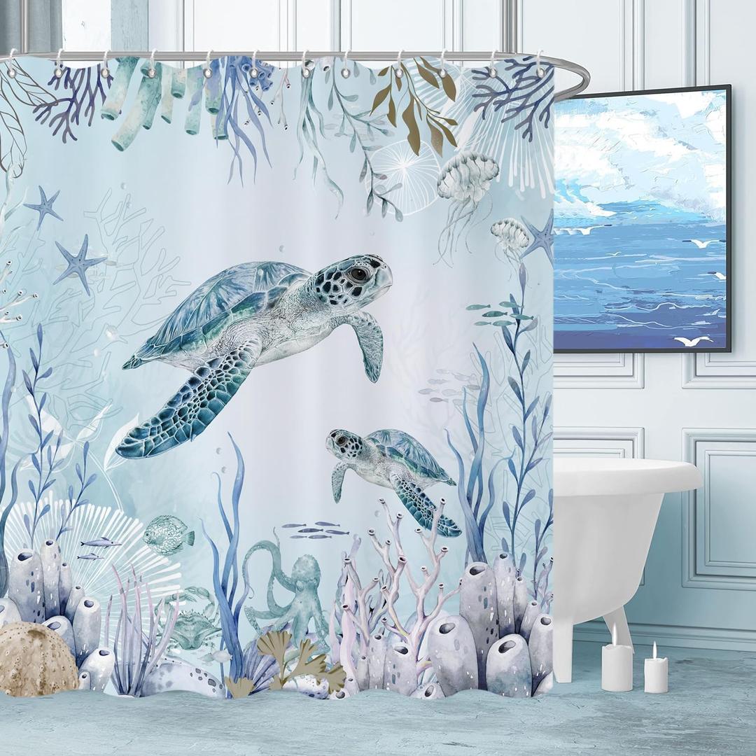 Sea Turtle Shower Curtain, Teal Blue Ocean Beach Coastal Turtle Starfish Jellyfish Underwater Creatures Bathroom Curtain Waterproof Fabric Machine Washable with Hooks, 72" Wx72 L