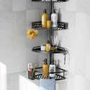 HAMITOR Corner Shower Caddy Tension Pole: Quick Installation 4-Tier Rustproof Bathroom Organizer Shelves for Bathtub Shampoo Storage - 47-121 inch Adjustable Floor Standing Bath Rack Holder - Black