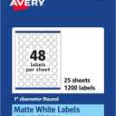 Avery Matte White Round Labels, Sure Feed Technology, 1" Diameter, 1,200 Matte White Printable Labels