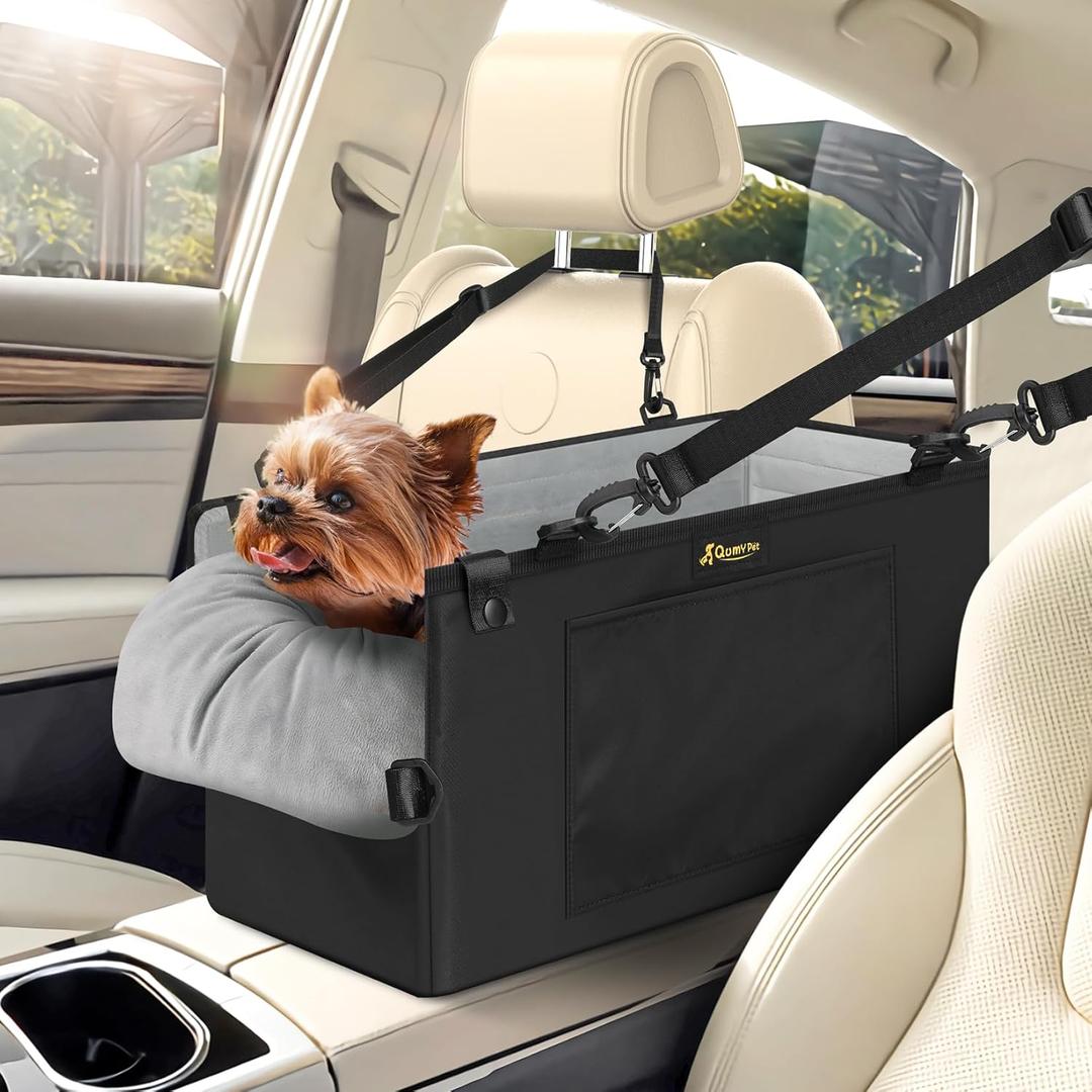 QUMY Portable Center Console Dog Booster Seat for Small Dogs Up to 11lbs, Multi-purpose Puppy Car Seat with Adjustable Safety Belt, Travel Pet Carrier, Black