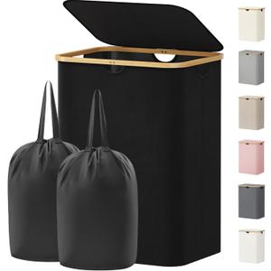 Lifewit 150L Laundry Basket with Lid, Clothes Hampers with Bamboo Handles and 2 Removable Bags, Large Foldable Laundry Hamper for Bedroom, Bathroom, Dorm, Black