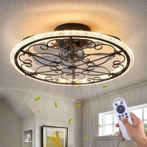 HuixuTe Caged Ceiling Fan with Lights Remote Control, 6 Speeds 3 Color Farmhouse Industrial Ceiling Fan with Light for Kitchen Bedroom Living Room (Retro Black-Spear Shaped)