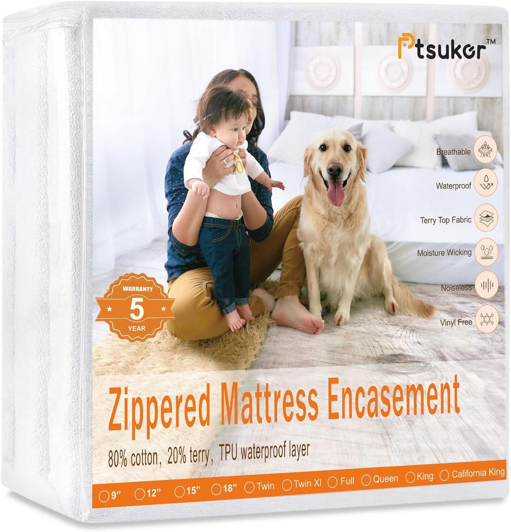 Waterproof Matress Protectors King Size Bed Fits 16"/17"/18" Deep, 6-Side Mattress Encasement Soft and Noiseless Terry Top + TPU Waterproof Liner + Ziper