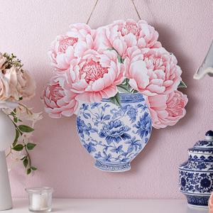 AceOrbit Peonies Flower Wall Art Decor 13.8 Inch Pink Flower Wall Decor Blue and White Chinoiserie Porcelain Wooden Hanging Sign Peonies for Front Door Indoor Outdoor Farmhouse Home Porch