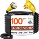 100FT 40 Amp Generator Cord, NEMA 14-50P/SS2-50R Heavy-Duty 4 Conductors Cable, Pure Copper STW RV Extension Cord, Female Plug with Twist Lock, Suitable for RV or Camper, ETL Listed