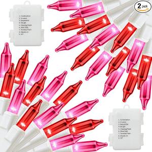 100 LED 2 Pack Red Pink Valentines Day Lights, 17.4Ft Battery Operated Mini String Lights with 8 Modes & Timer Waterproof Lights for Patio Garden Party Wedding Valentine's Day Decorations