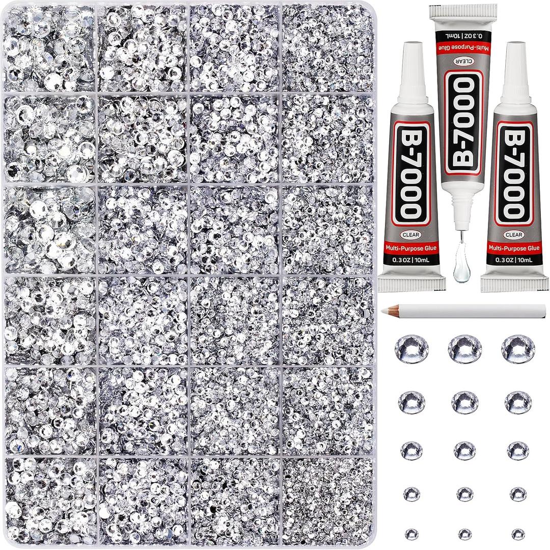 33000Pcs Silver Clear Rhinestones for Bedazzling, Bedazzler Kit with Flatback Craft Rhinestones Bulk and B7000 Glue, 2,3,4,5,6mm Resin Flat Back Crystals for Craftings, Crafts, Clothes, Shoes, Nails