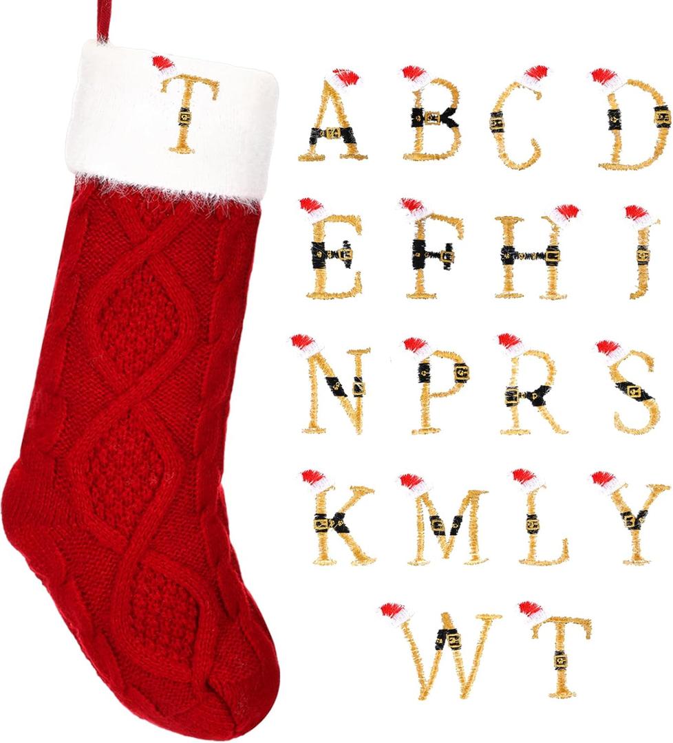 Poen Christmas Stockings with Initials 18 Inches Large Red Knit Monogram Stocking Embroidered Christmas Stockings Gold Letter Christmas Stocking for Family Holiday Xmas Gift, Red and White (Letter T)