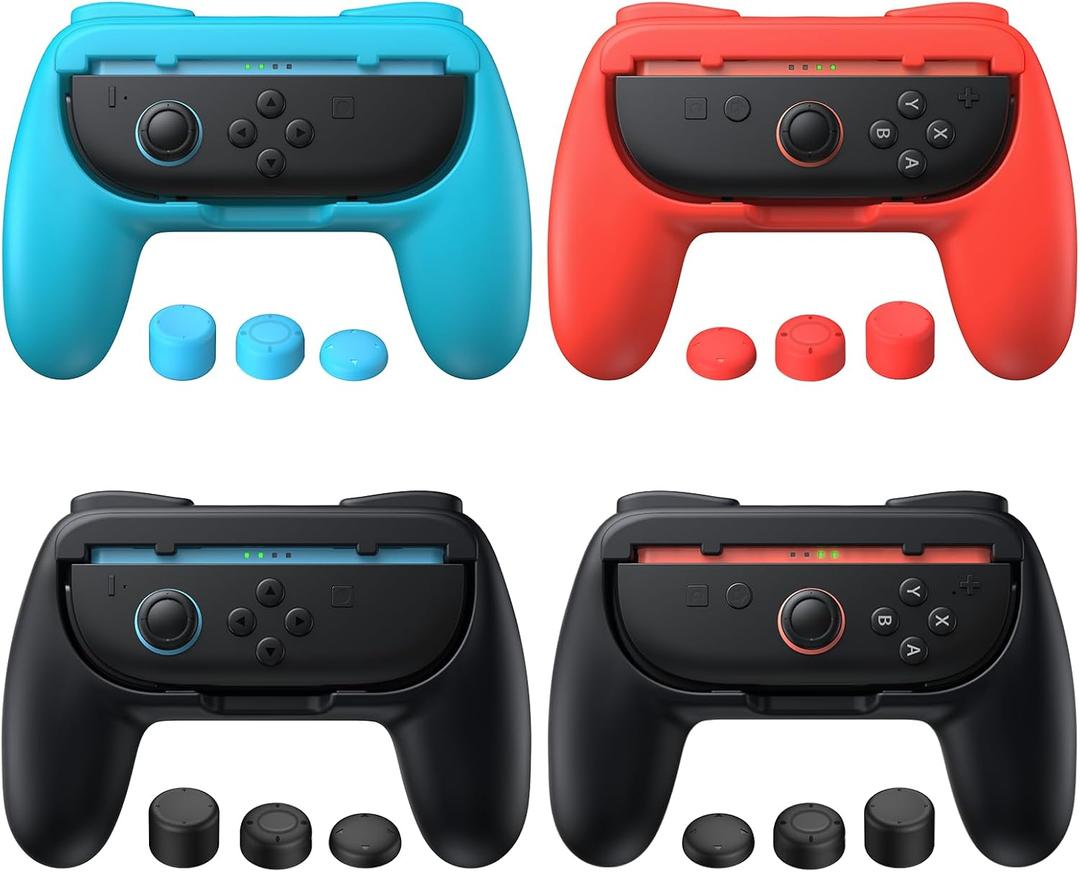 FASTSNAIL 4 Pack Grips for Nintendo Switch 2 (2025) for Joy-Con 2, Wear-Resistant & Anti-Slip Switch 2 Controllers Grips Handle Kit, Switch 2 Holder Accessories for Joycon 2(Black,Black,Red,Blue)