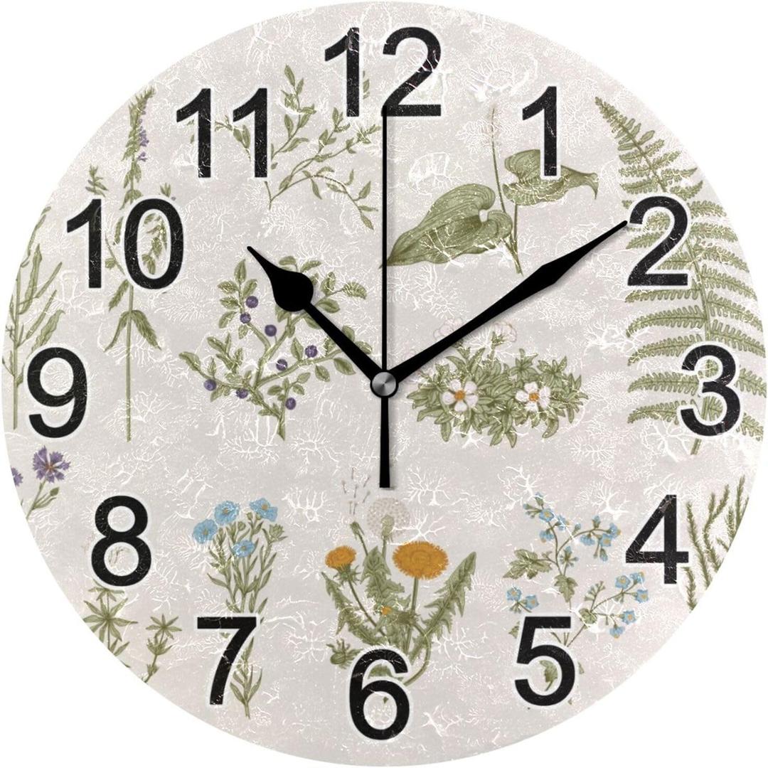 Herbs Flowers Botanical Set Wall Clock Non Ticking Silent Kitchen Clock Large Decorative Battery Operated Clocks 10 inch for Living Room Bedroom Decor