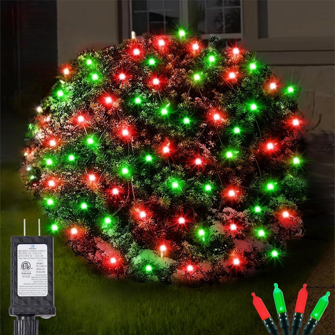 Led Christmas Net Lights Outdoor Connectable, 120LED 5ft x 6ft Waterproof 8 Modes Black Wire 29V Plug in Mesh Lights for Garden Yard Bushes Trunk Tree Decor (Red & Green, 1Pack)