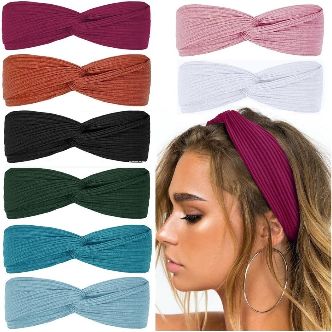 Huachi Headbands for Women Twist Knotted Boho Stretchy Hair Bands for Girls Criss Cross Turban Plain Headwrap Yoga Workout Vintage Hair Accessories, Solid Color, 8Pcs (Retro-Beloved)