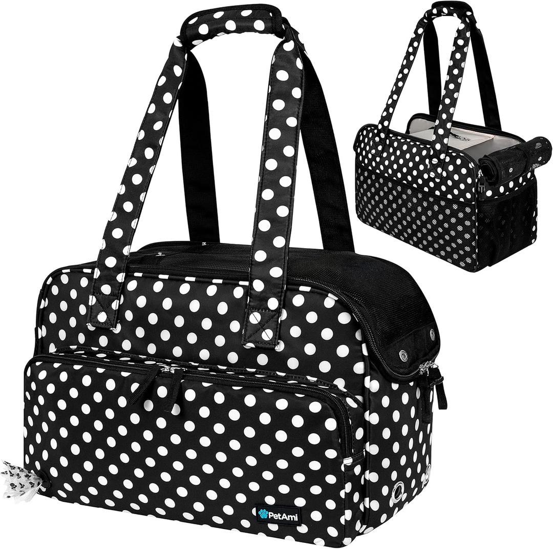PetAmi Small Dog Purse Carrier, Soft-Sided Pet Carrier Bag with Pockets, Portable Puppy Cat Travel Handbag Tote, Airline Approved Breathable Mesh, Poop Bag Dispenser, Max 18 lbs, Polka Dot Black