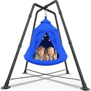 Tent Swing Set for Kids, Hammock Chair with X-Shaped Stand, 330 lbs | 32mm Steel Frame, 900D Oxford Fabric, with LED Lights, Indoor Outdoor Use, Blue