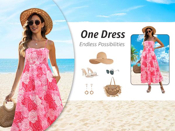 Gardenwed Women's Floral Print Maxi Dress,Spaghetti Strap Smocked Bodice A-Line Sundress with Pockets, Small