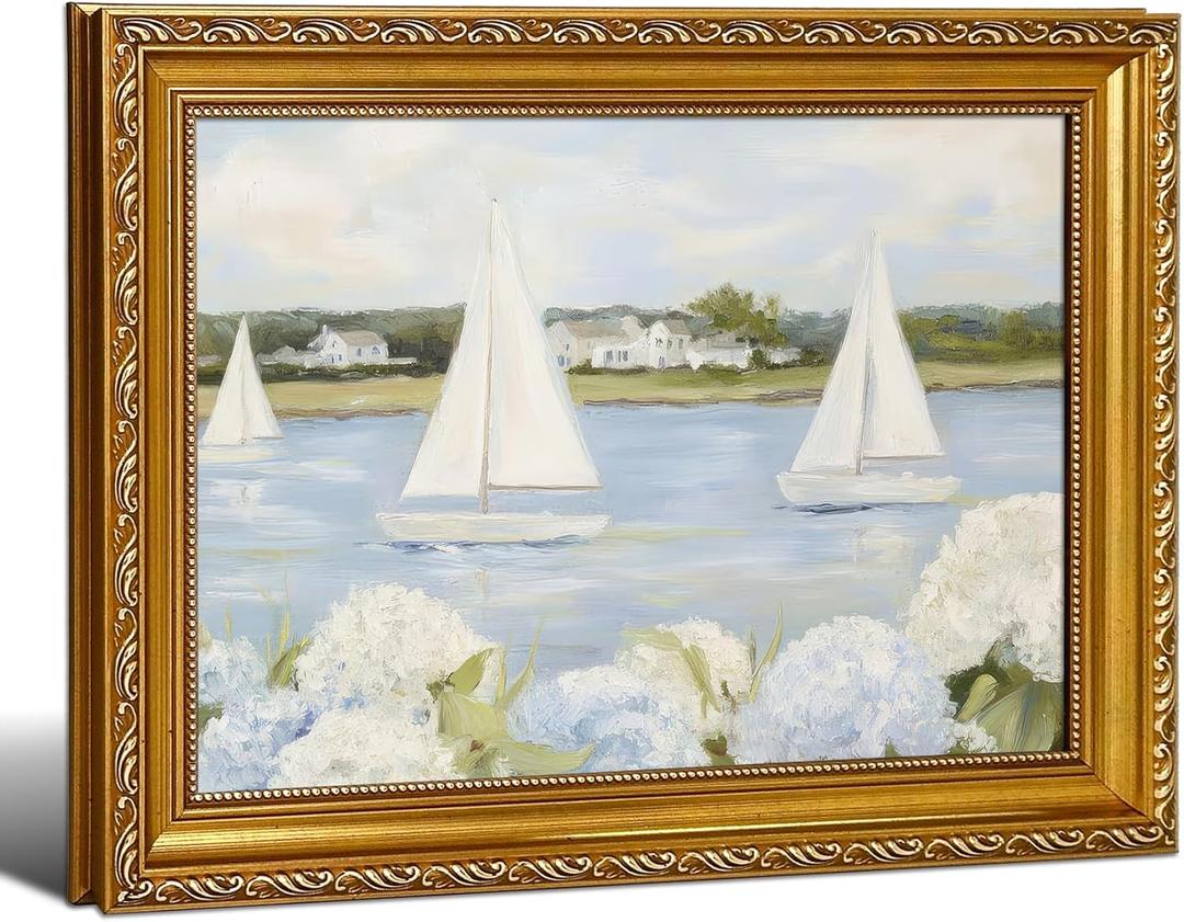 Gold Vintage Framed Coastal Wall Art - Sailboat Seascape Hydrangea Canvas Prints, Summer Ocean Aesthetic Decor for Living Room Bedroom Beach House, 16x24 Inch