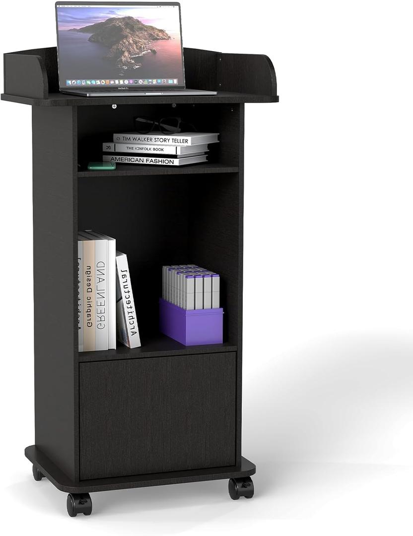 Podium Stand Portable,Mobile Wood Pulpit Podium Hostess Stand Reception Desk with Adjustable Shelf and Lockable Wheels for Churches Conference School (Black)