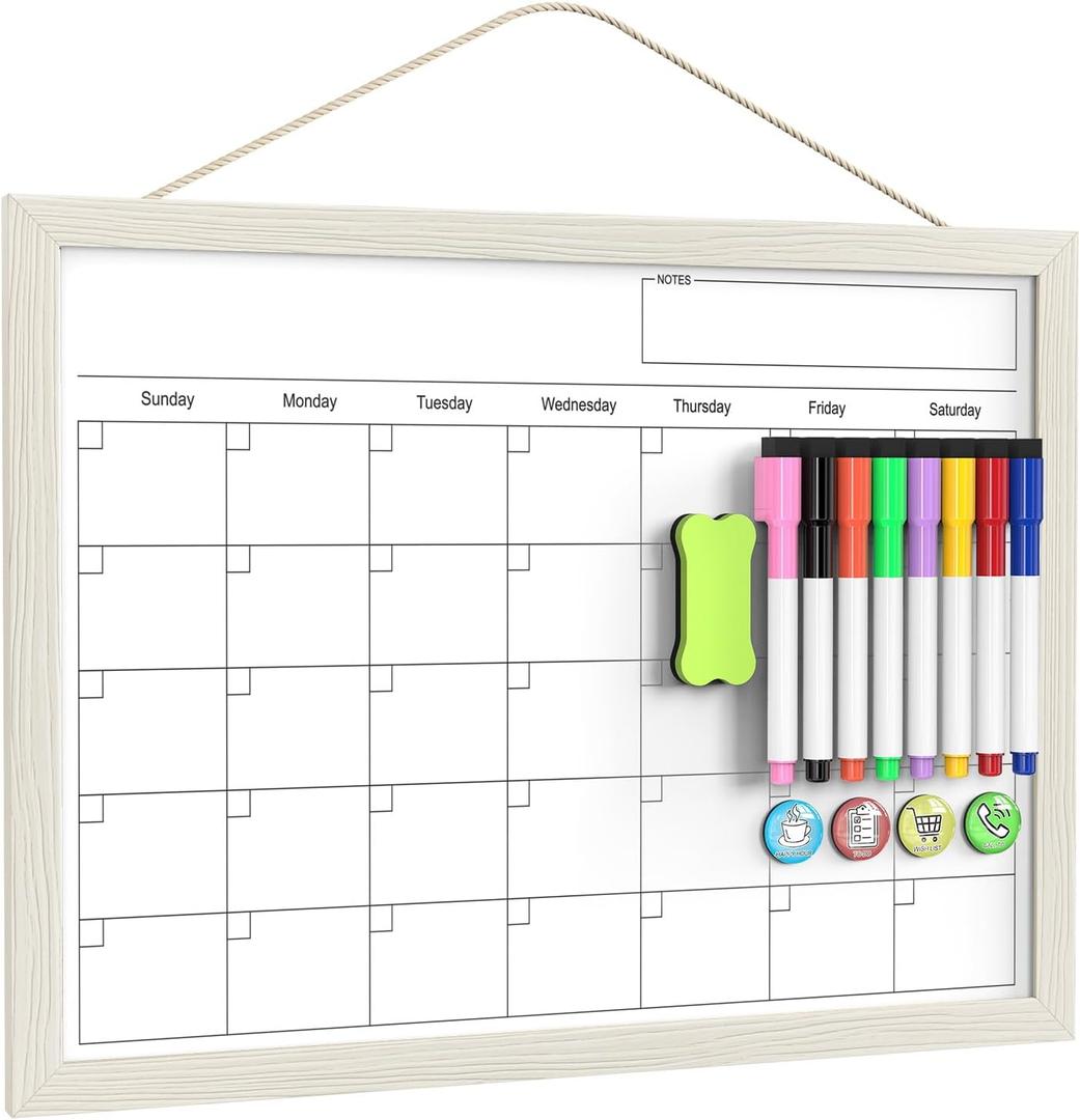 Calendar Whiteboard for Wall, 17x13 Inches Dry Erase Calendar for Wall, Small Magnetic Monthly White Board with Wood Framed, Hanging Dry Erase Board for Kitchen Home Office School Planner