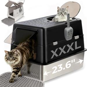 Extra Large Stainless Steel Cat Litter Box with 120° Lid for Multiple Cats, Enclosed Top Entry Litter Box High-Sided Anti-Leak, Dog Proof Litter Boxes with Litter Step & Scoop