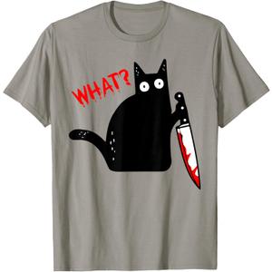 Funny Murderous Black Cat With Knife - Black Cat WHAT? T-Shirt, Medium, Slate grey