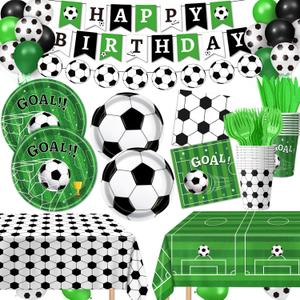 170 PCS Soccer Party Decorations, Soccer Birthday Party Decorations - Includes Plates, Napkins, Cups, Banner, Balloons, Tablecloth, Knives, Forks for Sports Soccer Theme Party Decorations, Serve 24
