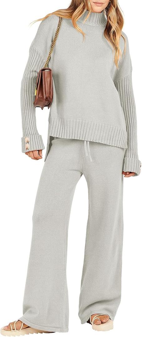 ANRABESS Women's 2 Piece Outfit Sweater Lounge Sets Long Sleeve Knit Pullover Wide Leg Pant Tracksuit Loungewear 2025 Fashion (Gray, M)