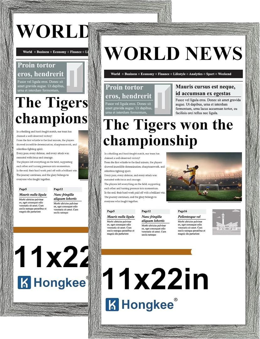 Hongkee 11x22 Newspaper Frame 2 Packs, Real Glass and Grey Wood Frame, Display Panoramic 11 x 22 Magazine Frames - Horizontal or Vertical Wall Mounting