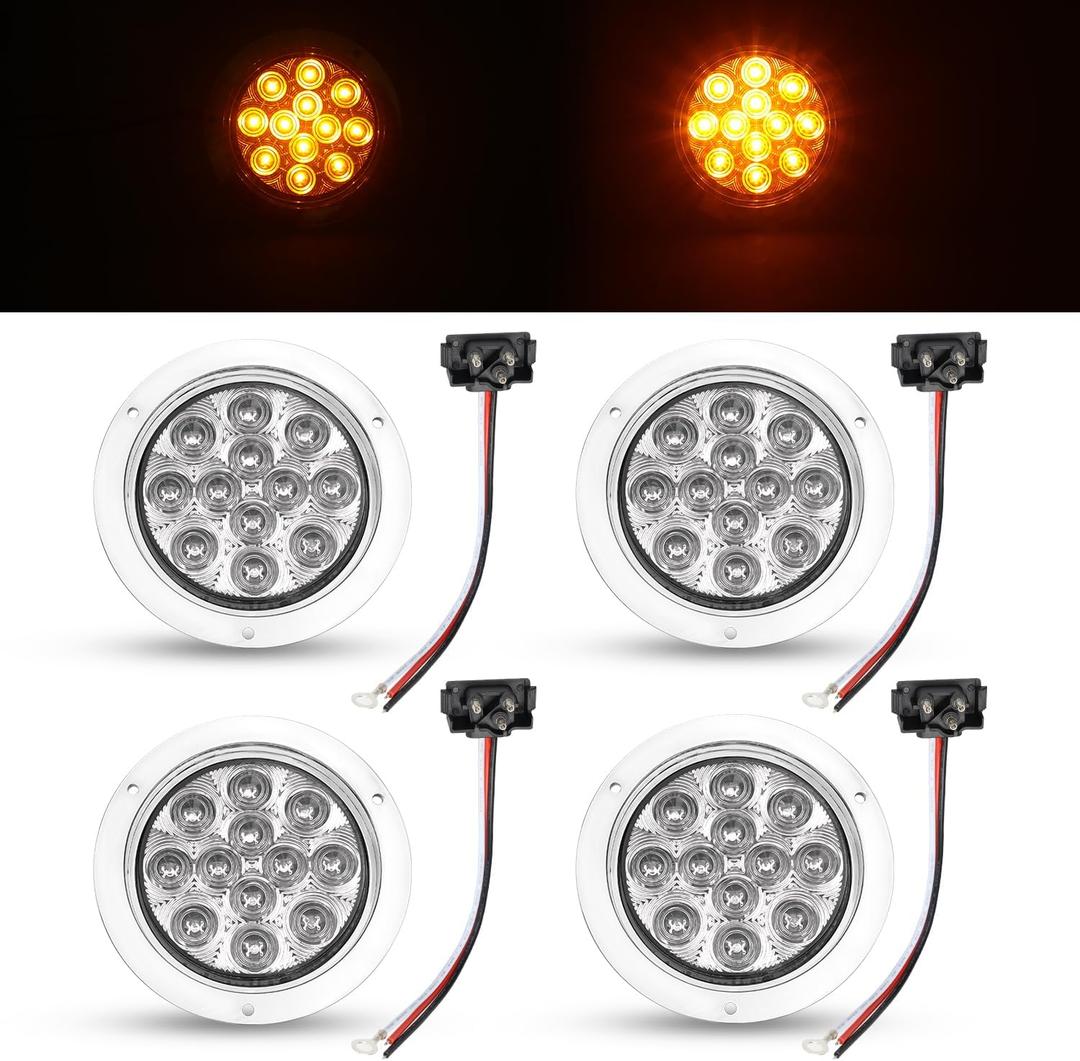 TMH 4 Pcs 4 Inch Clear Lens Amber 12 LED Round Trailer Tail Lights with Chrome Bezel Flush Mount for Heavy Duty Truck Cabin Lorry Bus RV Tow Flatbed Camper 12V DC GAC12