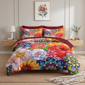 Nesker Comforter Set Full Size, Farmhouse Flowers Boho 7 Pcs Bedding for Kids and Adults, Colorful Botanical Bohemian Bed Sheet Sets with Fitted Sheet 2 Pillowcases & 2 Shams
