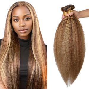 P4/27 Honey Blonde Bundles Brown Kinky Straight 3 Bundles 32 32 32 Inch Unprocessed Brazilian Highlight Yaki Straight Bundles Human Hair Extensions