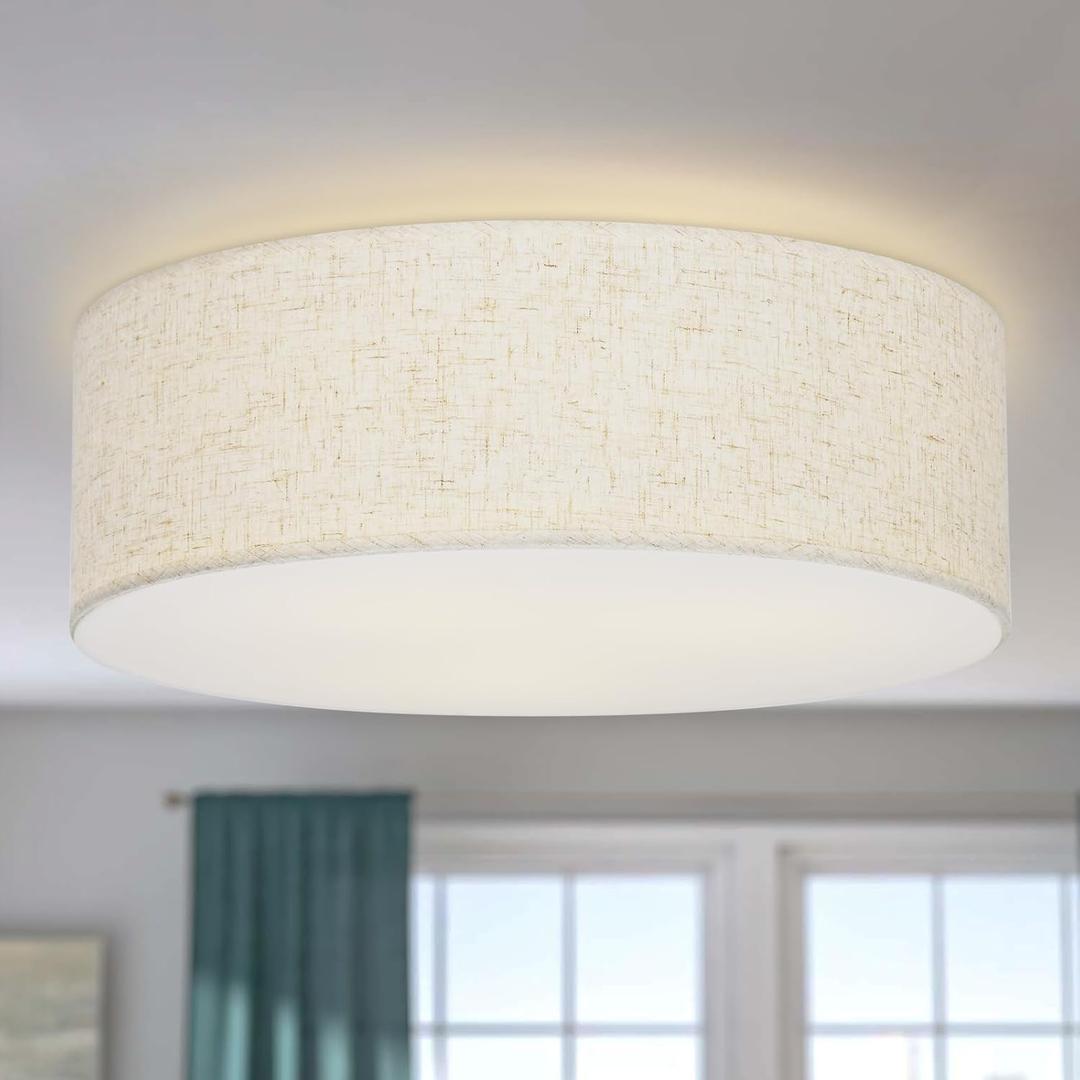 Vexagyle Flush Mount Ceiling Light,16''Modern Close to Ceiling Lamp with Double Linen Fabric Shade,3 Light Semi Flush Mount Ceiling Light Fixture,Farmhouse Drum Light Fixture for Bedroom Living Room