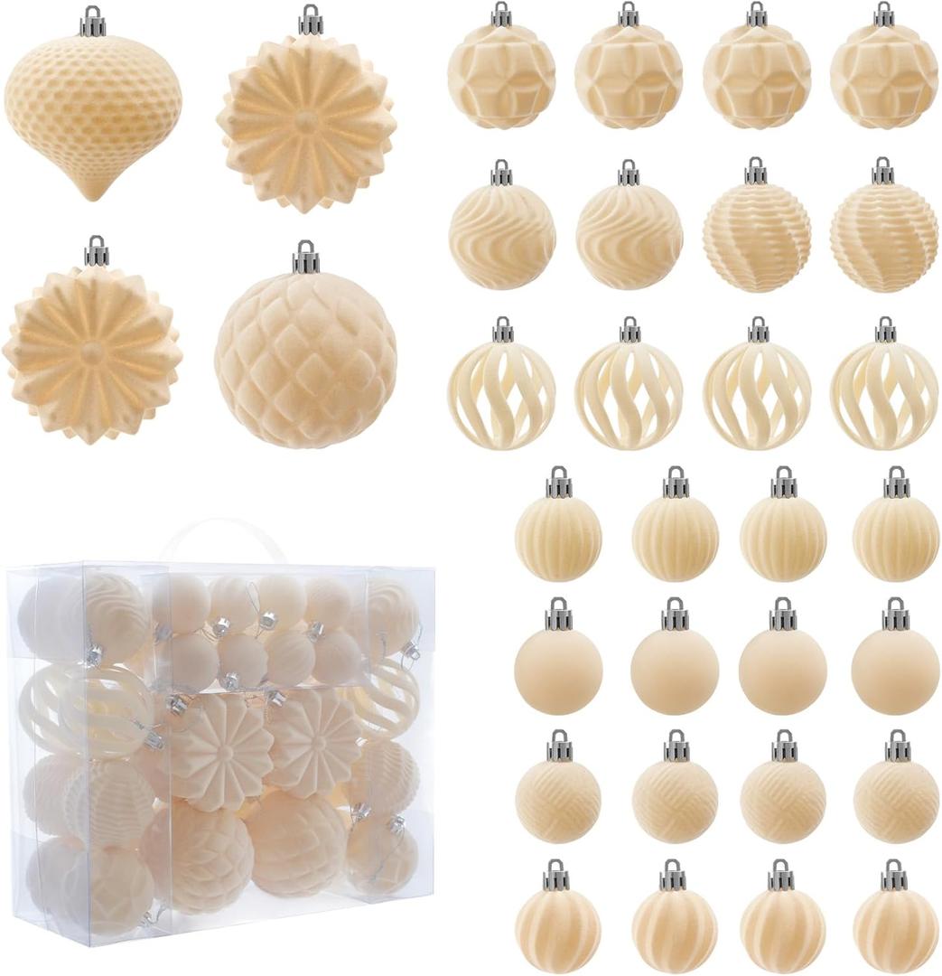 Velvet Christmas Balls 48pcs Flocked Christmas Tree Ornaments Set Shatterproof Christmas Ornaments with Hanging Rings Suitable for Xmas Tree Holiday Decor(Creamy White)